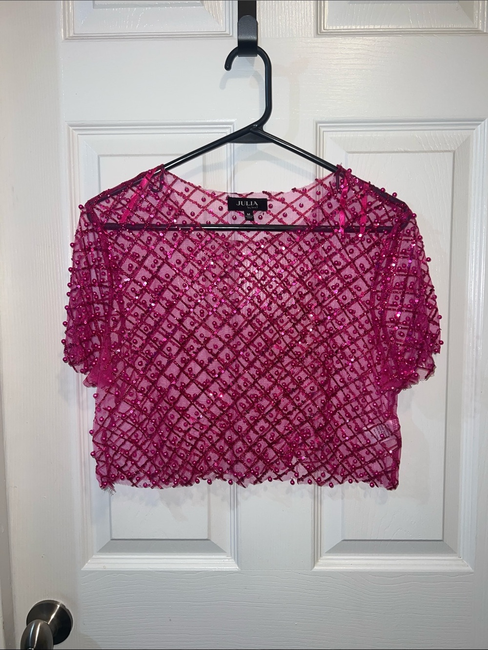 Love Hot Pink Beaded Mesh Crop Top